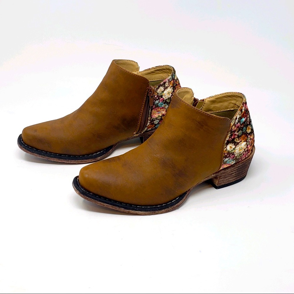 Roper Sedona Brown Floral Velvet Heel Boots Booties 5 Women's Pre-Own Bohemian